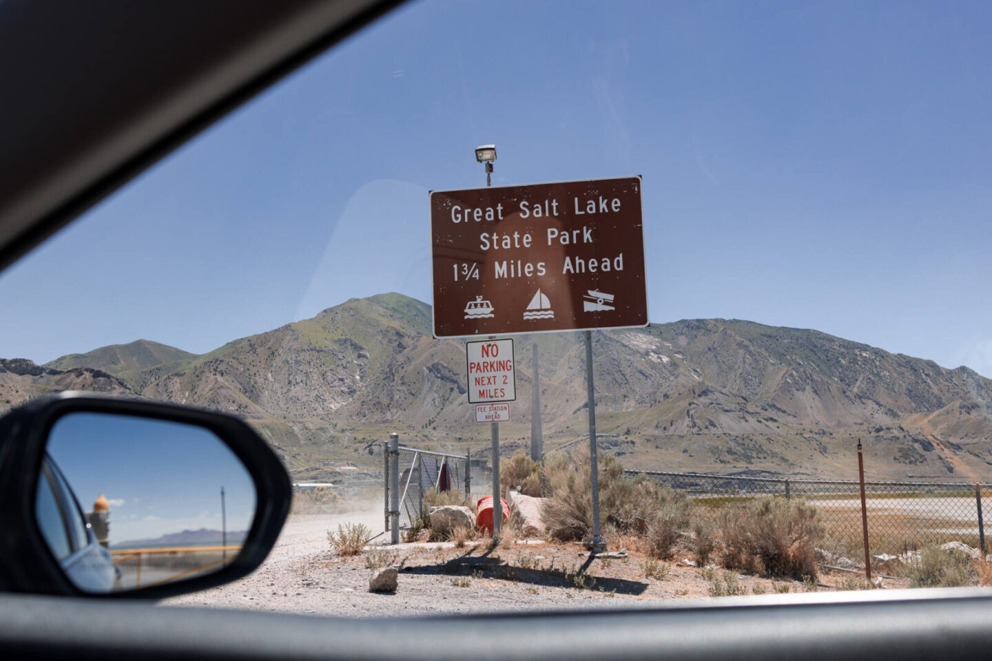 Great Salt Lake state Park sign through a car window